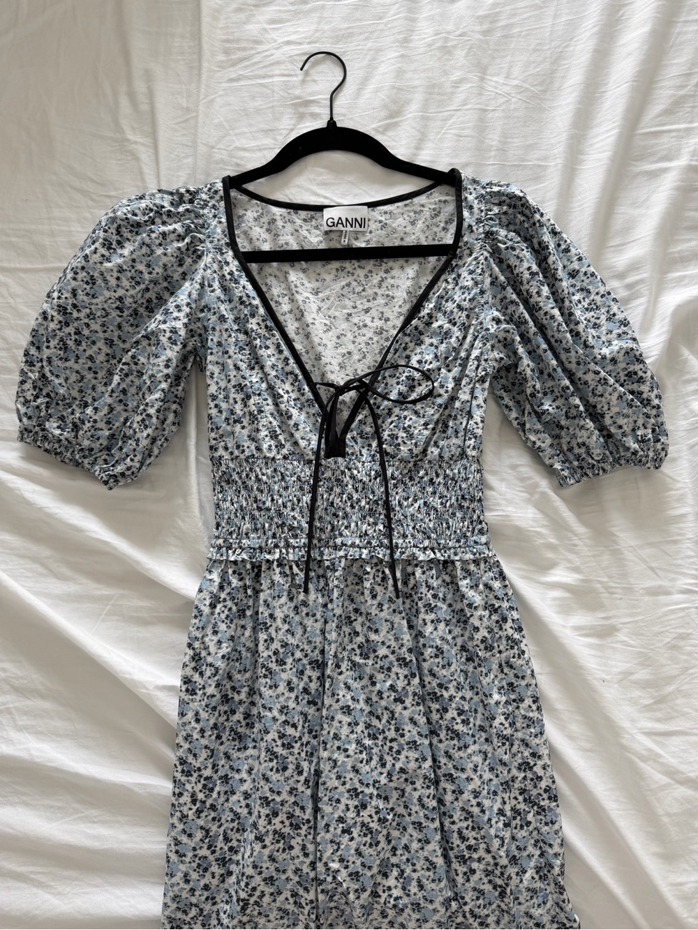 Ganni Blue Floral Printed Cotton Long Smock Dress